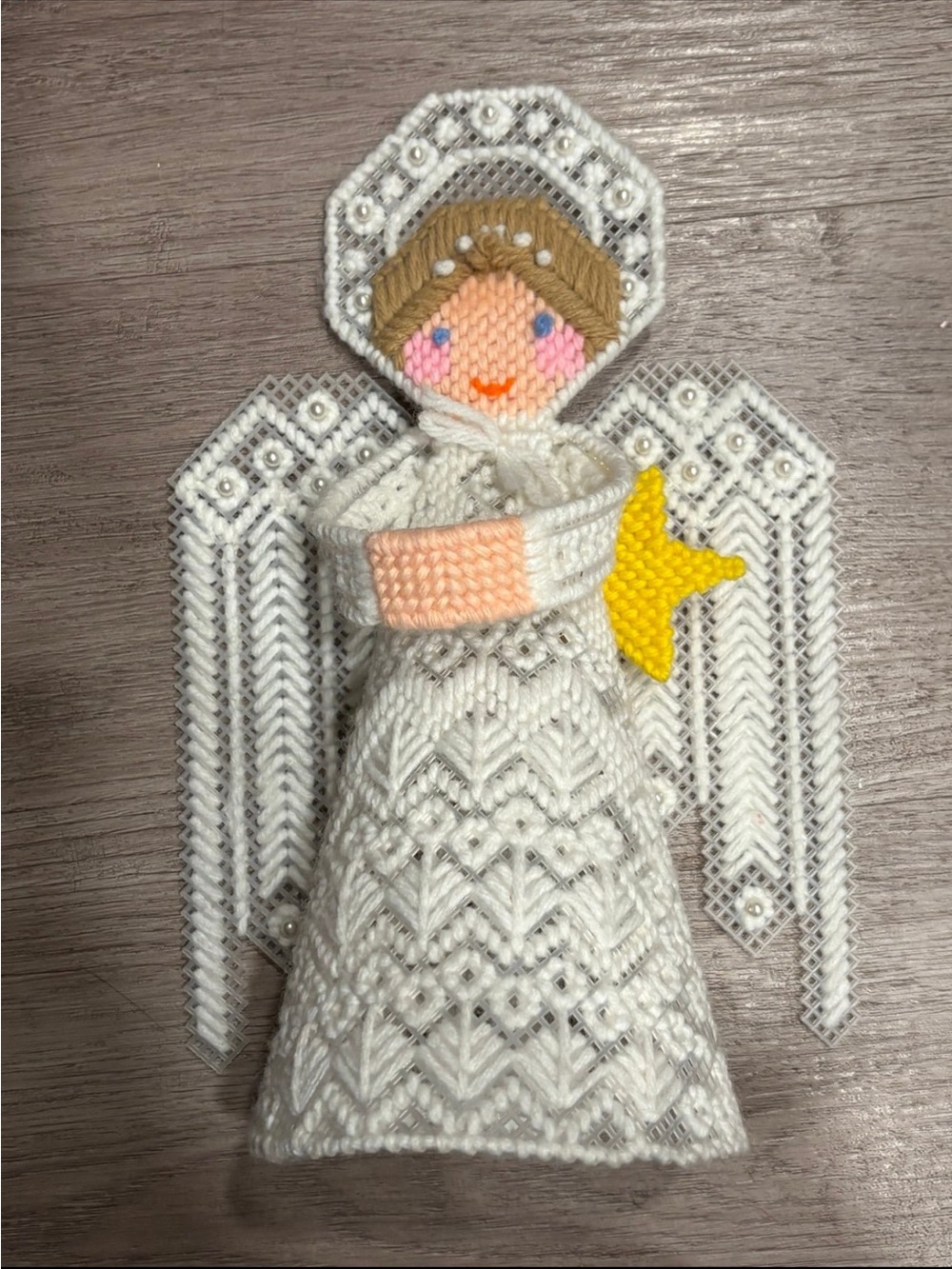 Vintage Handmade Plastic Canvas Angel Christmas Decoration Needlepoint.